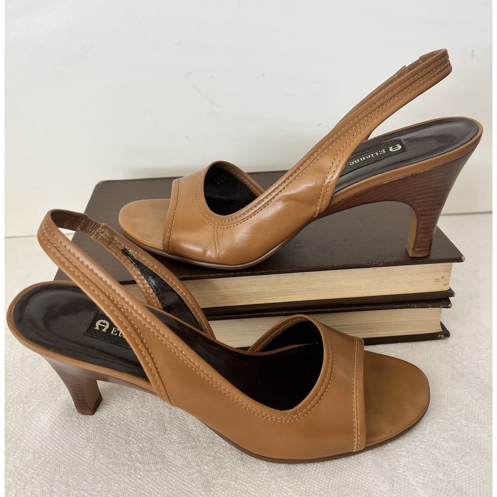 Etienne Aigner Party Womens Size 8.5 Brown Leather Slingback Heels‎ Peep Toe